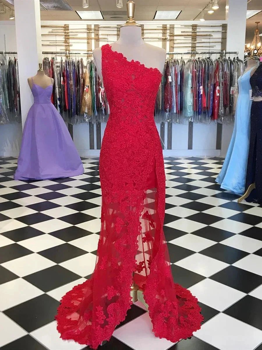 Elegant Mermaid One Shoulder Lace Long Prom Dresses with High Slit by BIZTUNNEL