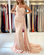 Elegant Mermaid One Shoulder Satin Long Formal Prom Dress by BIZTUNNEL