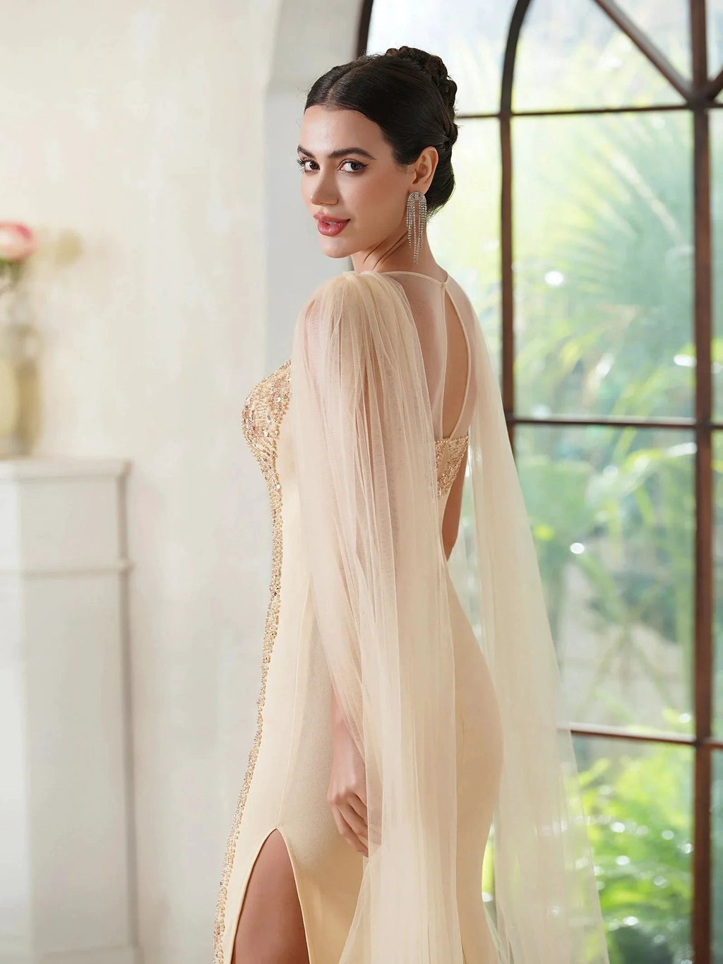 Elegant Mermaid Polyester Knitted Scoop Sleeveless Champagne Gold Prom Dress With Beading Zipper Split by misshow.com