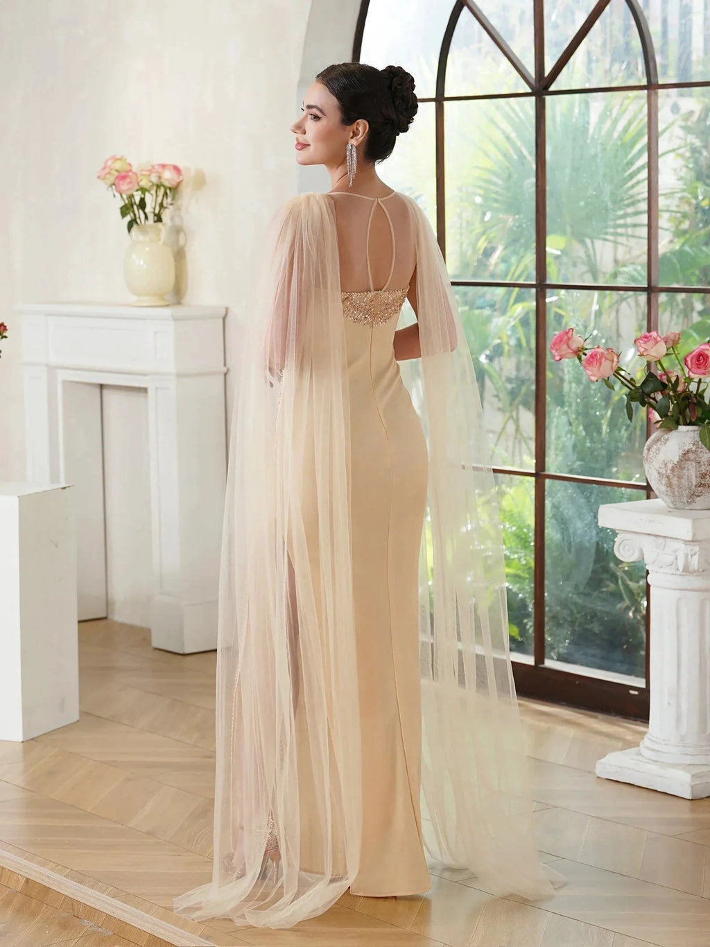 Elegant Mermaid Polyester Knitted Scoop Sleeveless Champagne Gold Prom Dress With Beading Zipper Split by misshow.com
