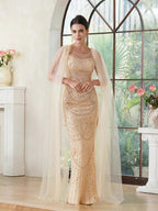 Elegant Mermaid Polyester Knitted Scoop Sleeveless Champagne Gold Prom Dress With Beading Zipper Split by misshow.com