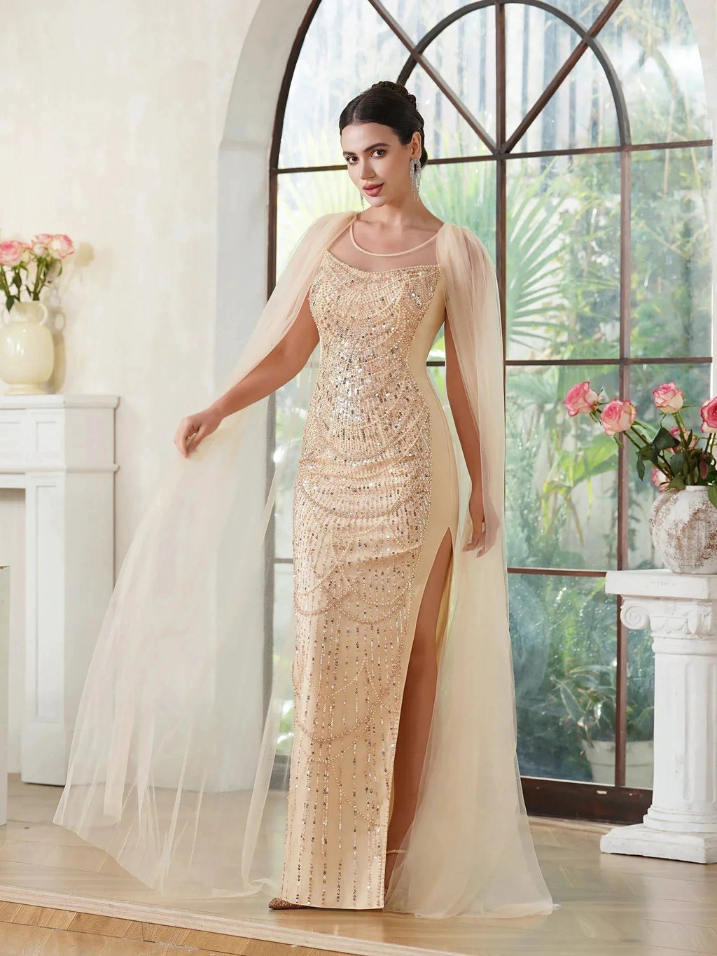 Elegant Mermaid Polyester Knitted Scoop Sleeveless Champagne Gold Prom Dress With Beading Zipper Split by misshow.com