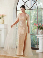 Elegant Mermaid Polyester Knitted Scoop Sleeveless Champagne Gold Prom Dress With Beading Zipper Split by misshow.com