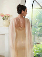 Elegant Mermaid Polyester Knitted Scoop Sleeveless Champagne Gold Prom Dress With Beading Zipper Split by misshow.com