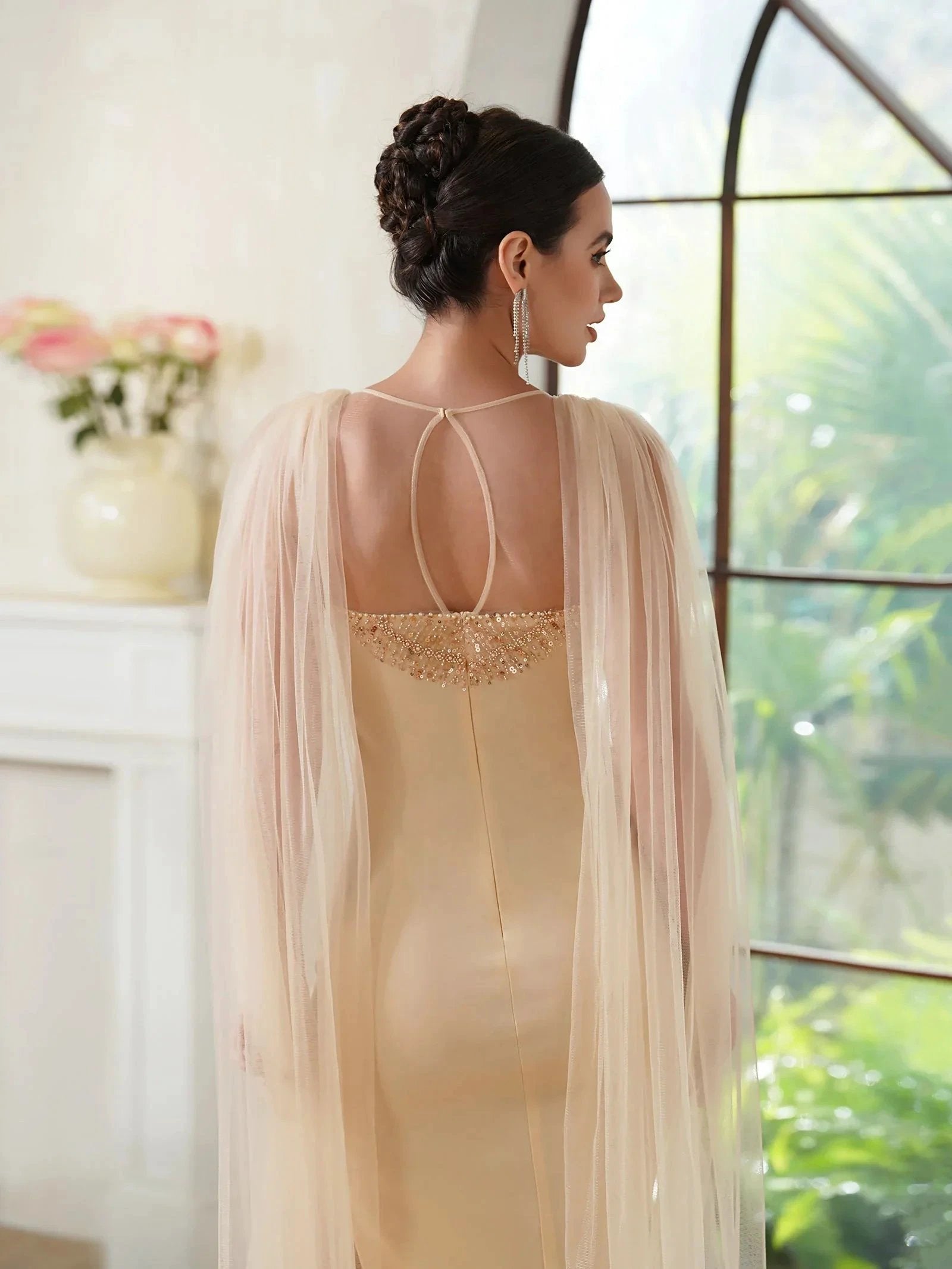 Elegant Mermaid Polyester Knitted Scoop Sleeveless Champagne Gold Prom Dress With Beading Zipper Split by misshow.com