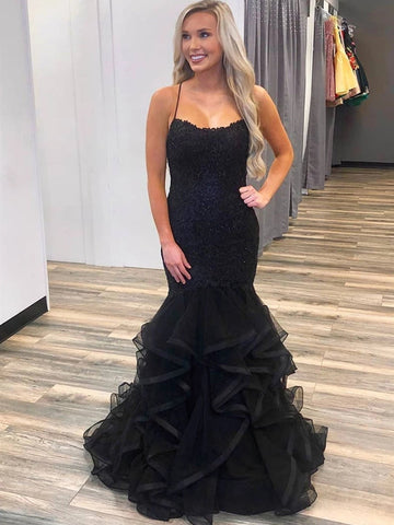 Elegante vestido de fiesta largo de sirena con encaje negro abullonado, vestidos de noche formales negros