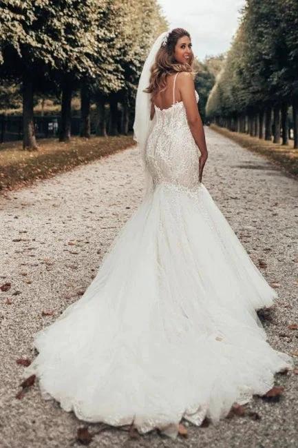 Elegant Mermaid Spaghetti Straps Backless Wedding Dresses With Lace by misshow.com