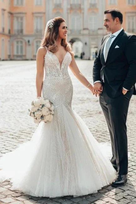 Elegant Mermaid Spaghetti Straps Backless Wedding Dresses With Lace by misshow.com