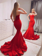 Elegant Mermaid Strapless Satin Long Prom Dresses Red Formal Evening Gowns by BIZTUNNEL