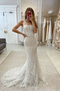 Elegant Mermaid Straps Sleeveless Lace Wedding Dress With Train by misshow.com