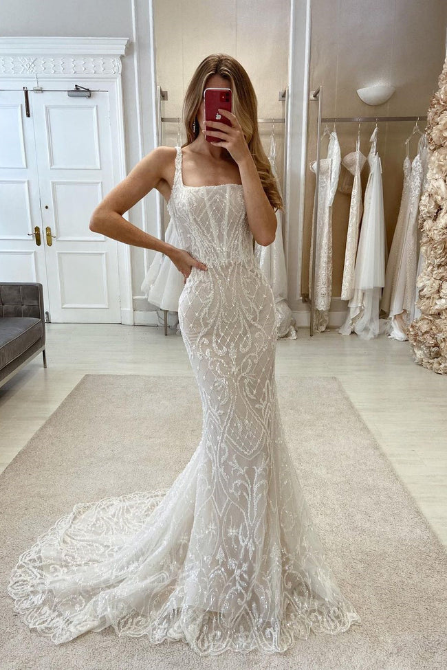 Elegant Mermaid Straps Sleeveless Lace Wedding Dress With Train Hover Image