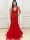 Elegant Mermaid V Neck Appliques Lace Red Long Graduation Prom Dresses by BIZTUNNEL