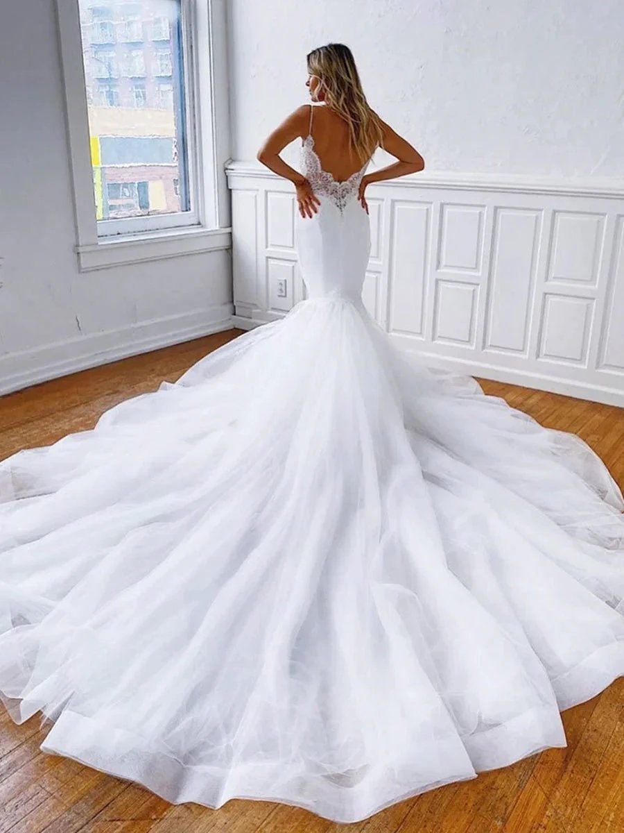 Elegant Mermaid V Neck Backless Lace White Long Wedding Dresses by BIZTUNNEL
