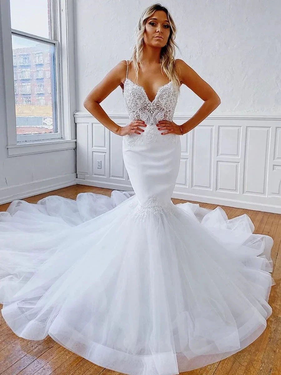 Elegant Mermaid V Neck Backless Lace White Long Wedding Dresses by BIZTUNNEL