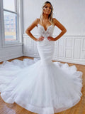 Elegant Mermaid V Neck Backless Lace White Long Wedding Dresses by BIZTUNNEL