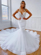 Elegant Mermaid V Neck Backless Lace White Long Wedding Dresses by BIZTUNNEL