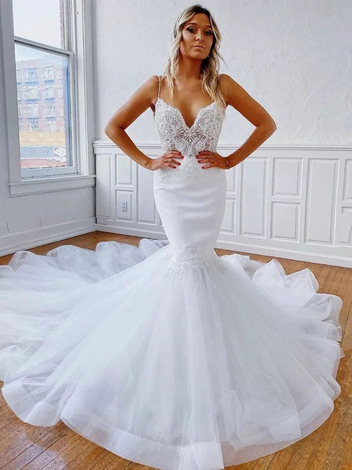 Elegant Mermaid V Neck Backless Lace White Long Wedding Dresses by BIZTUNNEL