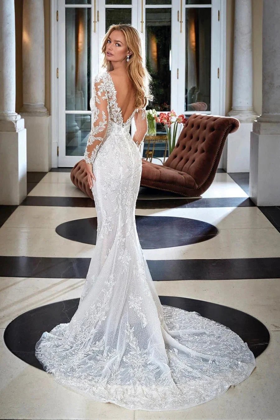 Elegant Mermaid V-neck Lace Backless Appliques Wedding Dress With Long Sleeves by misshow.com