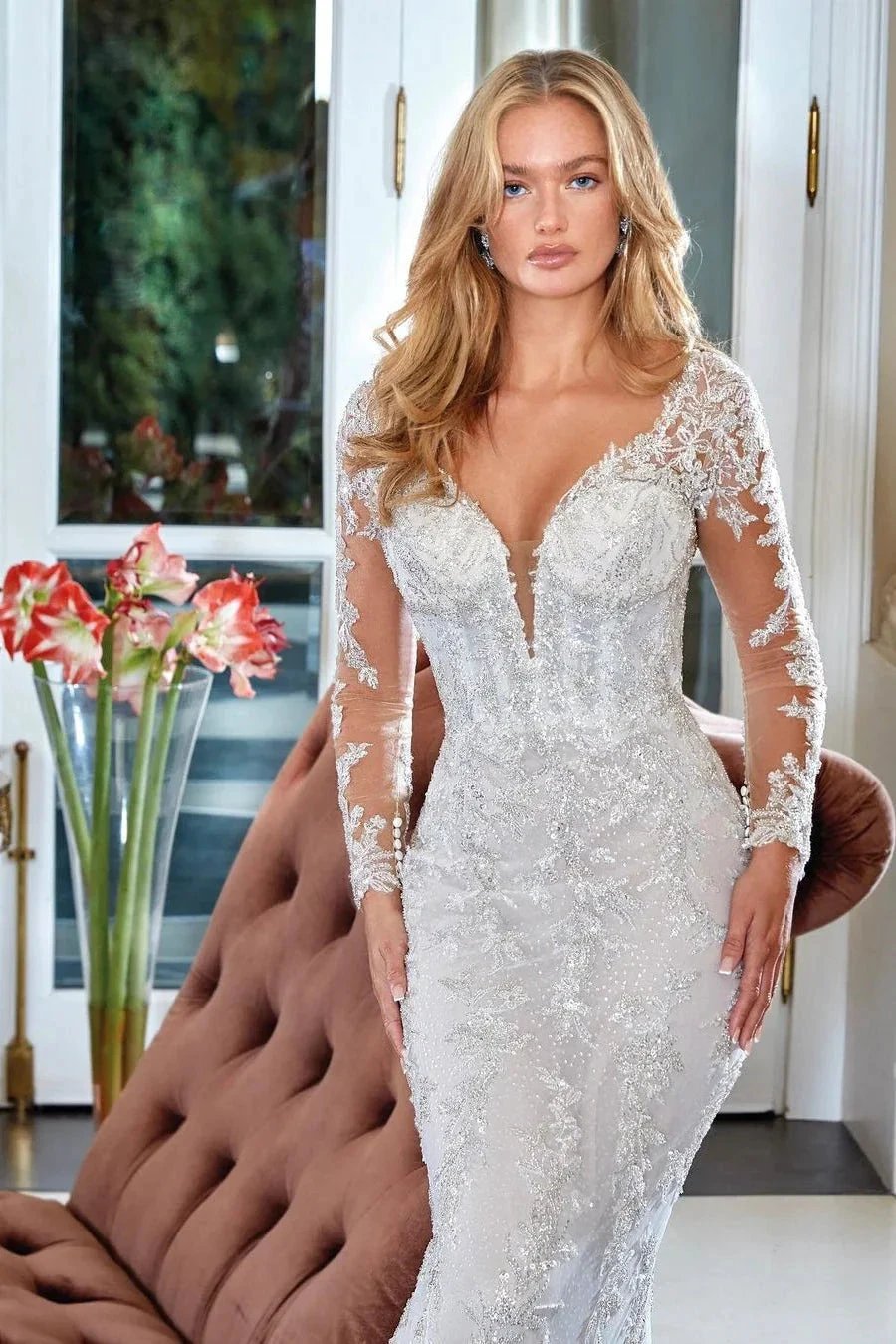 Elegant Mermaid V-neck Lace Backless Appliques Wedding Dress With Long Sleeves by misshow.com