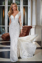 Elegant Mermaid V-neck Lace Backless Appliques Wedding Dress With Long Sleeves by misshow.com
