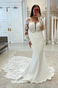 Elegant Mermaid V-neck Long Sleeves Lace Wedding Dress With Train by misshow.com