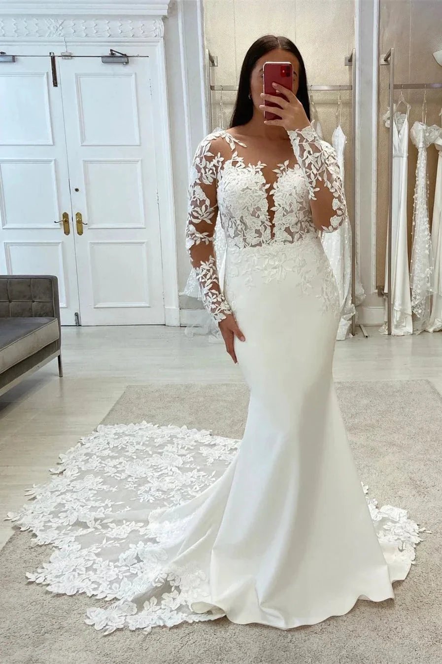Elegant Mermaid V-neck Long Sleeves Lace Wedding Dress With Train by misshow.com