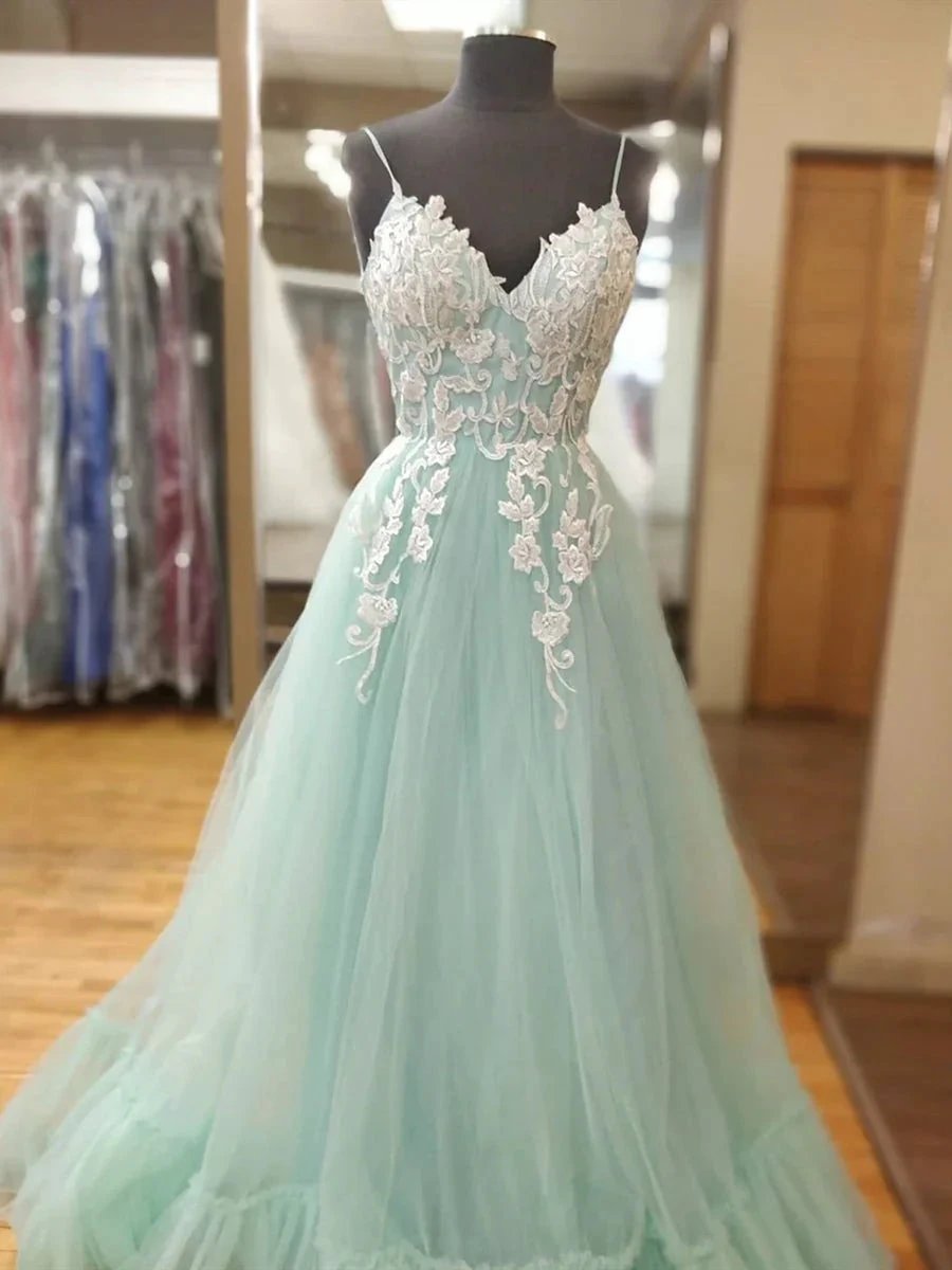 Elegant Mint Green Long A Line V Neck Tulle Lace Formal Evening Prom Dresses by BIZTUNNEL