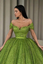 Elegant Off-the-Shoulder Green A-line Sequined Prom Dress by misshow.com