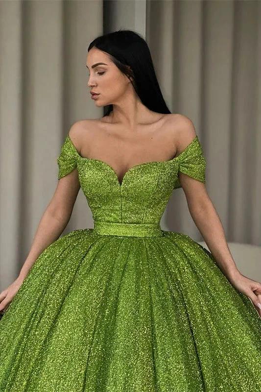 Elegant Off-the-Shoulder Green A-line Sequined Prom Dress by misshow.com