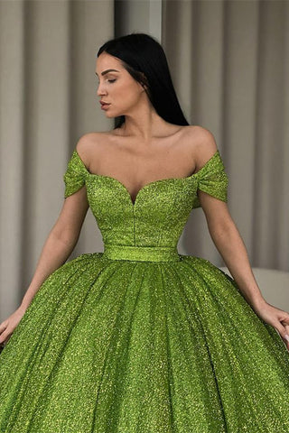 Elegant Off-the-Shoulder Green A-line Sequined Prom Dress