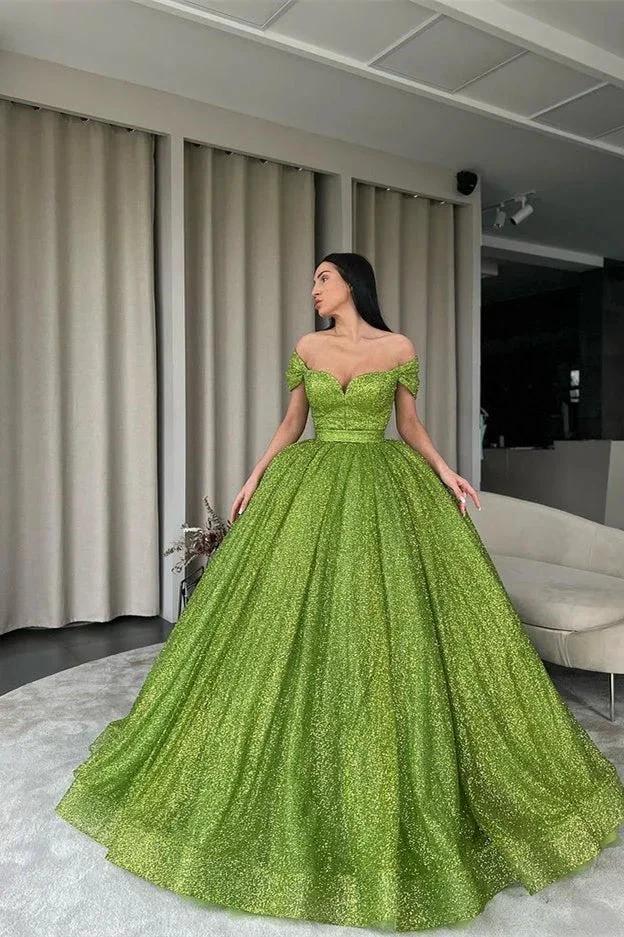 Elegant Off-the-Shoulder Green A-line Sequined Prom Dress by misshow.com
