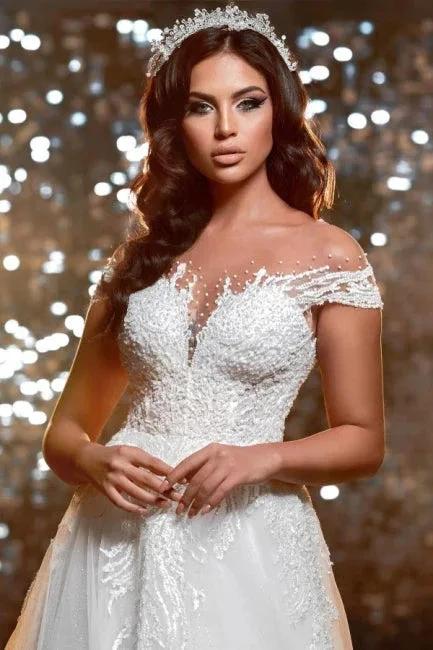 Elegant off-the-shoulder jewel cap sleeves a-line lace Wedding dress by misshow.com