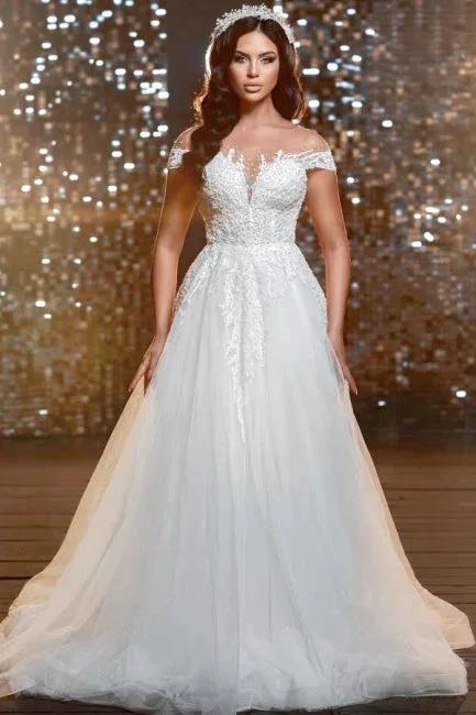 Elegant off-the-shoulder jewel cap sleeves a-line lace Wedding dress by misshow.com