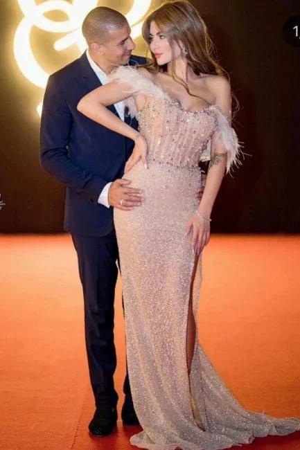 Elegant Off-the-shoulder Long Split Front Mermaid Prom Dresses with Glitter by misshow.com