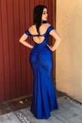 Elegant Off The Shoulder Royal Blue Satin Mermaid Prom Dresses by misshow.com