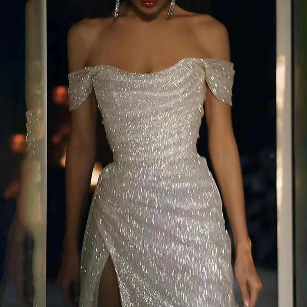 Elegant Off-the-shoulder Sleeveless A-line Sequined Wedding Dress With Slit by misshow.com