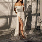 Elegant Off-the-shoulder Sleeveless A-line Sequined Wedding Dress With Slit by misshow.com