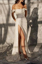 Elegant Off-the-shoulder Sleeveless A-line Sequined Wedding Dress With Slit by misshow.com