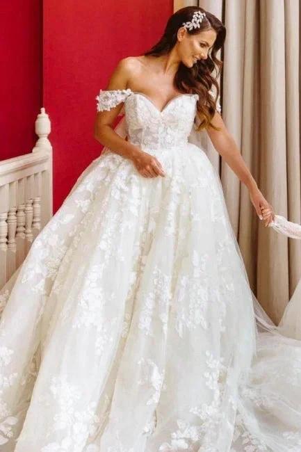 Elegant Off The Shoulder Sleeveless A-Line Wedding Dresses With Lace by misshow.com