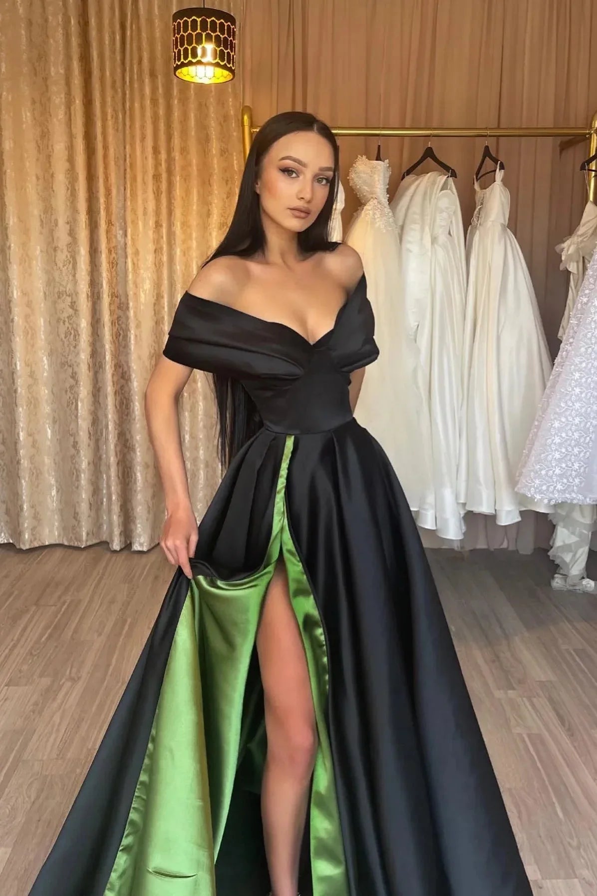 Elegant Off-the-shoulder V-neck Sleeveless A-line Prom Dress With Slit by misshow.com