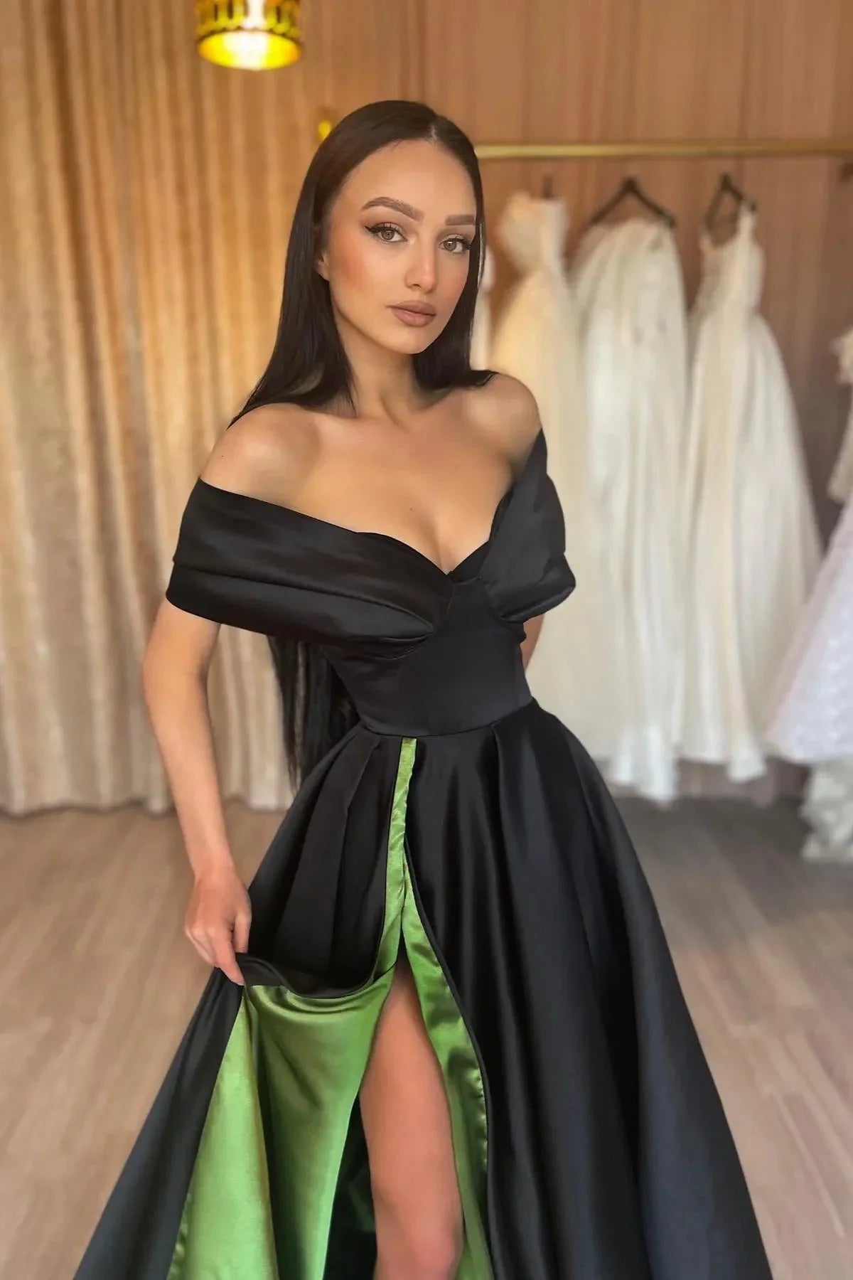 Elegant Off-the-shoulder V-neck Sleeveless A-line Prom Dress With Slit by misshow.com