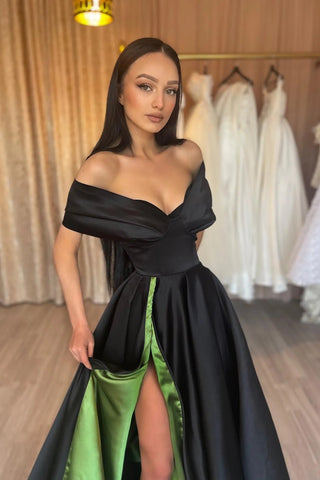 Elegant Off-the-shoulder V-neck Sleeveless A-line Prom Dress With Slit