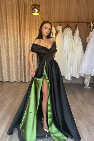 Elegant Off-the-shoulder V-neck Sleeveless A-line Prom Dress With Slit