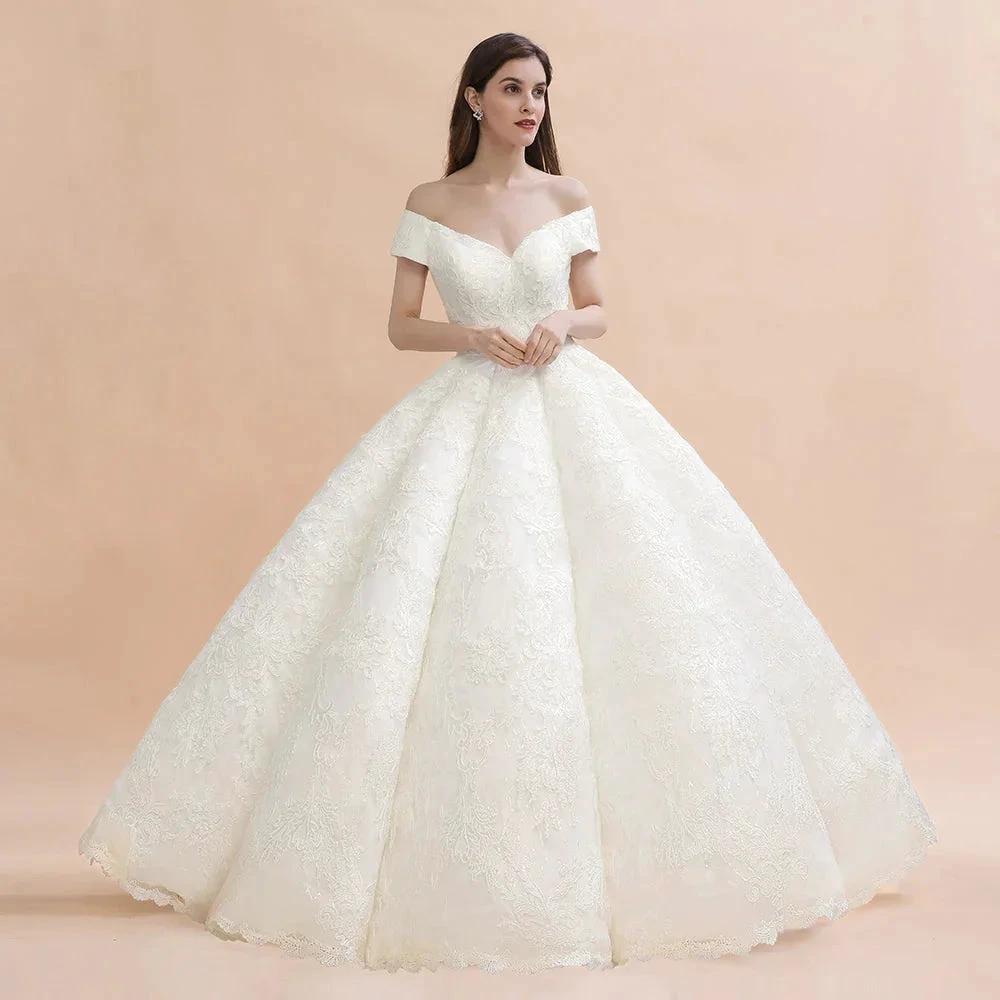 Elegant Off-the-Shoulder White Lace Appliques Bridal Gowns Wedding Dress by misshow.com
