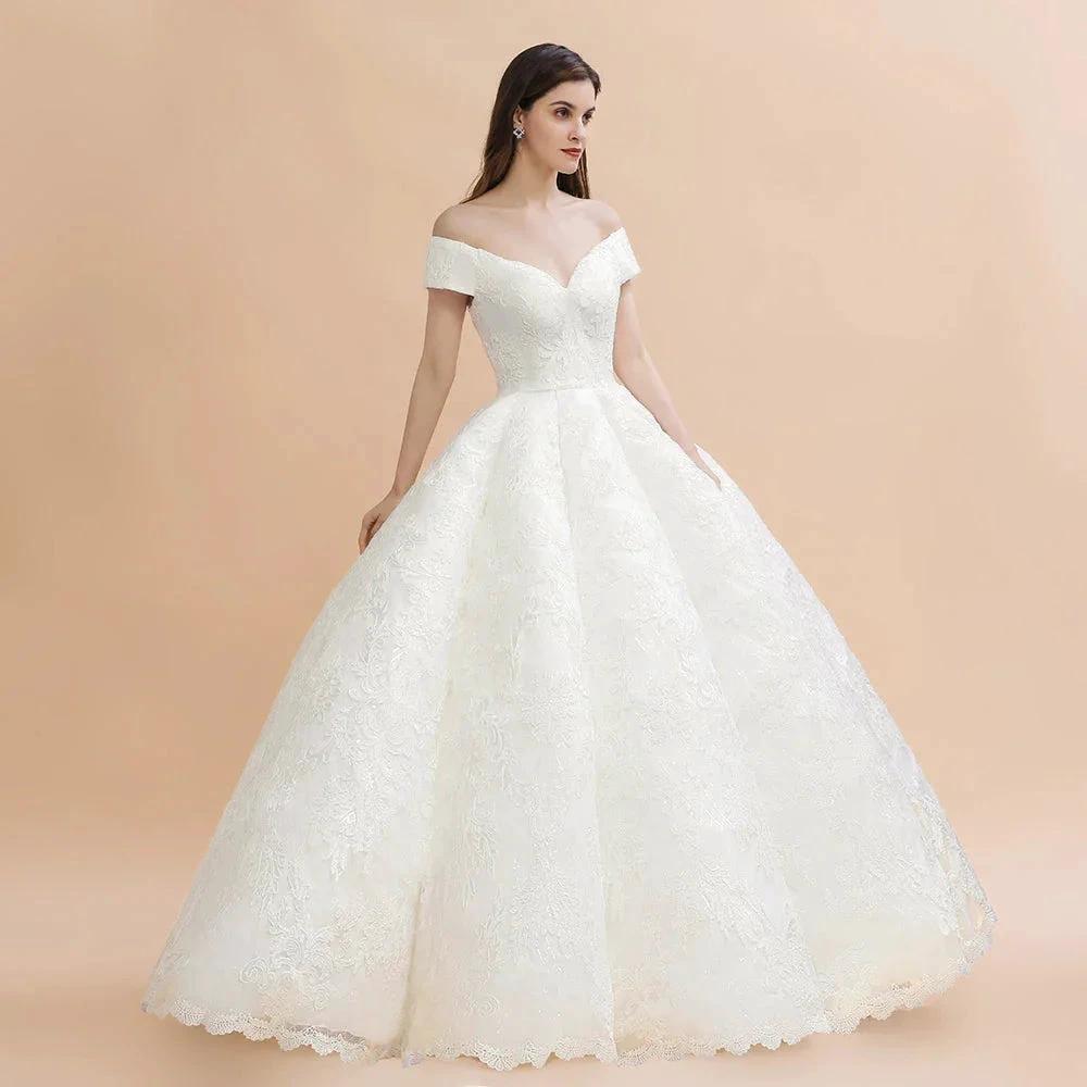 Elegant Off-the-Shoulder White Lace Appliques Bridal Gowns Wedding Dress by misshow.com