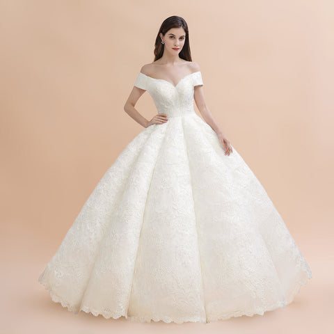 Elegant Off-the-Shoulder White Lace Appliques Bridal Gowns Wedding Dress