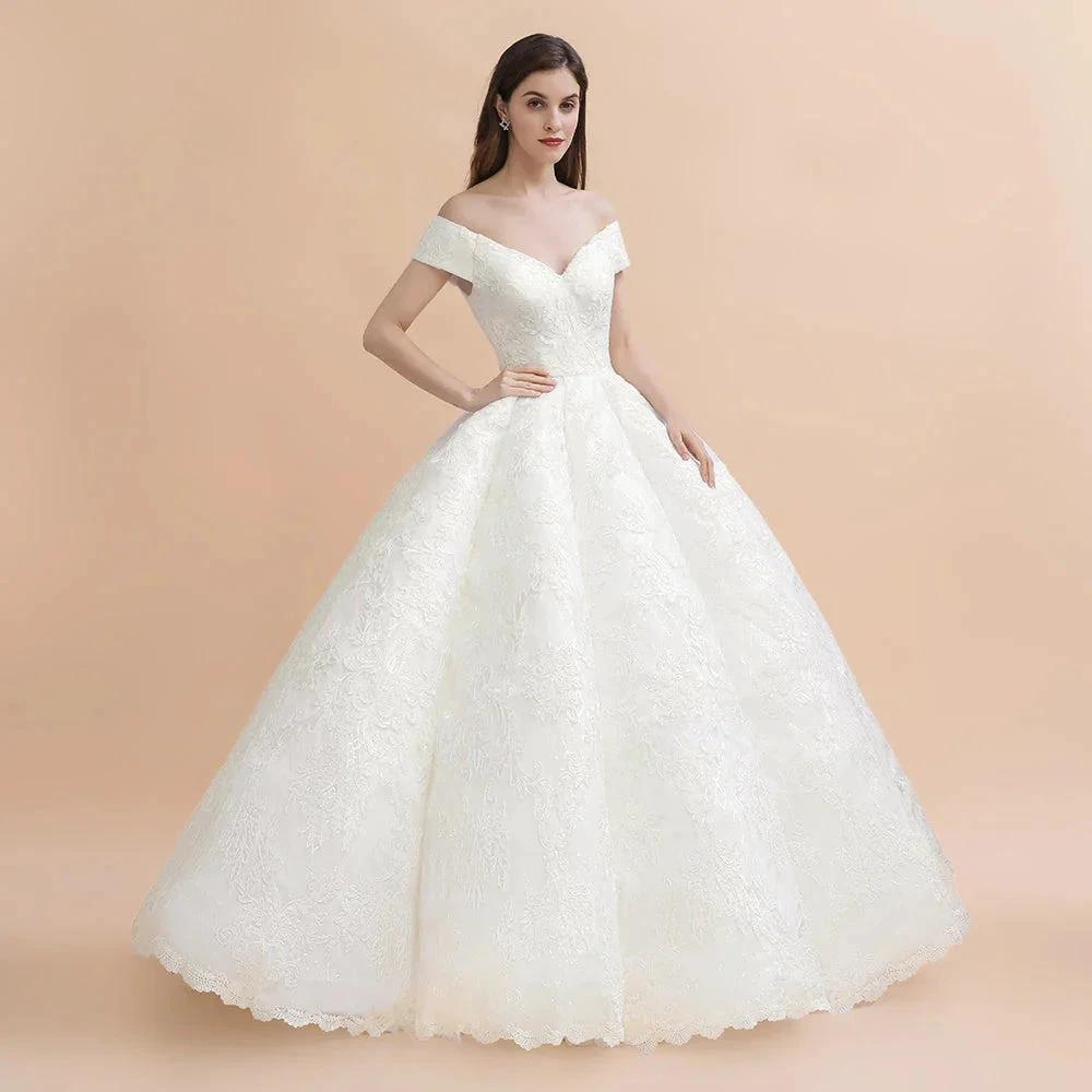 Elegant Off-the-Shoulder White Lace Appliques Bridal Gowns Wedding Dress by misshow.com