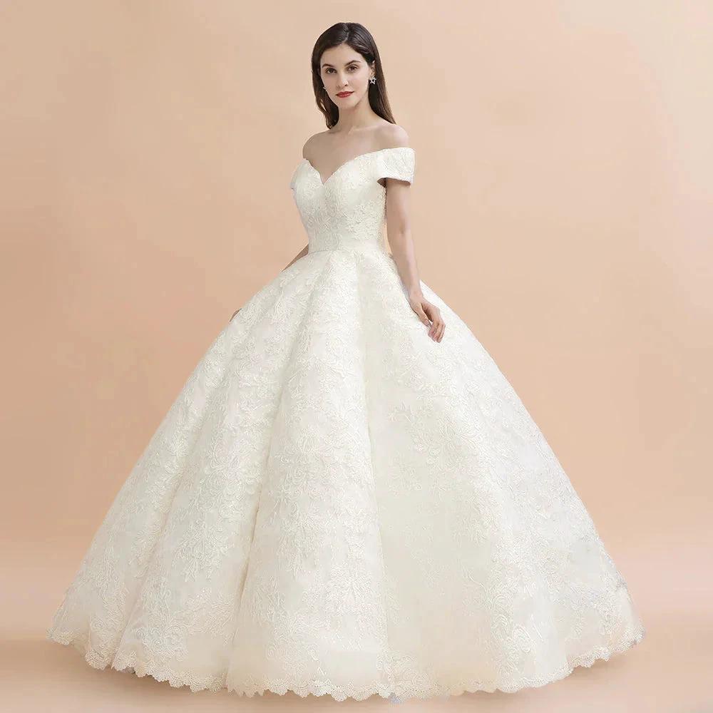 Elegant Off-the-Shoulder White Lace Appliques Bridal Gowns Wedding Dress by misshow.com