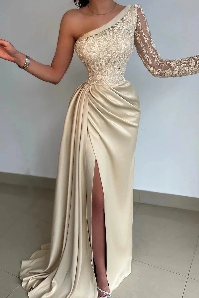 Elegant One Shoulder Lace Long Sleeve Satin Prom Dress With Slit by misshow.com
