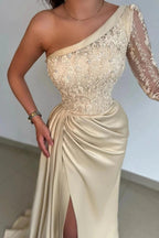 Elegant One Shoulder Lace Long Sleeve Satin Prom Dress With Slit by misshow.com
